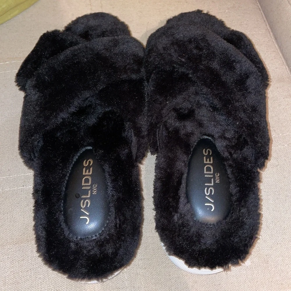 Black fur J Slides platform sandals size 8